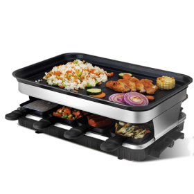 Raclette Grill 8 People Grill Plate Non-stick Coated, Raclette with 8 Mini Raclette Pans, Infinitely Adjustable Temperature, 1500W (Color: Black)