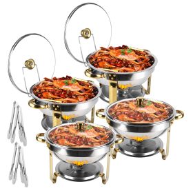 4Pcs Chafing Dish Buffet Set 4.76QT Round Buffet Servers Food Warmer Stainless Steel Catering Chafer With Glass Lid For Warming Cooling Gathering (Color: Silver)
