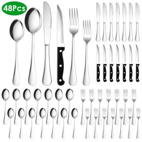 48-Piece Silverware Set Stainless Steel Flatware Cutlery Set Tableware Eating Utensils for 8 with Knife Fork Spoon Dishwasher Safe for Home Kitch (Color: Silver)